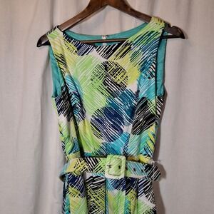 Muse Womens Size 12 Abstract Geometric Belted Sleeveless Fit Flare Midi Dress